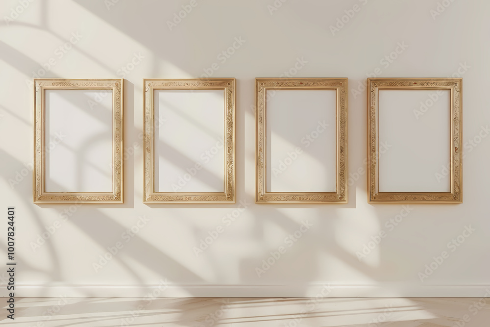 Fototapeta premium Four elegant gold picture frames arranged on a neutral wall, casting soft shadows, perfect for art display or decor.