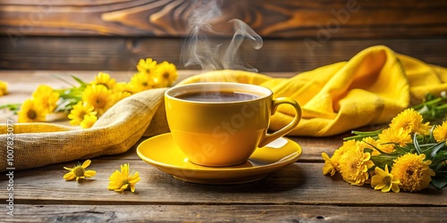 Vibrant yellow coffee mug filled with steaming hot coffee, surrounded by bright yellow flowers and a crumpled yellow photo