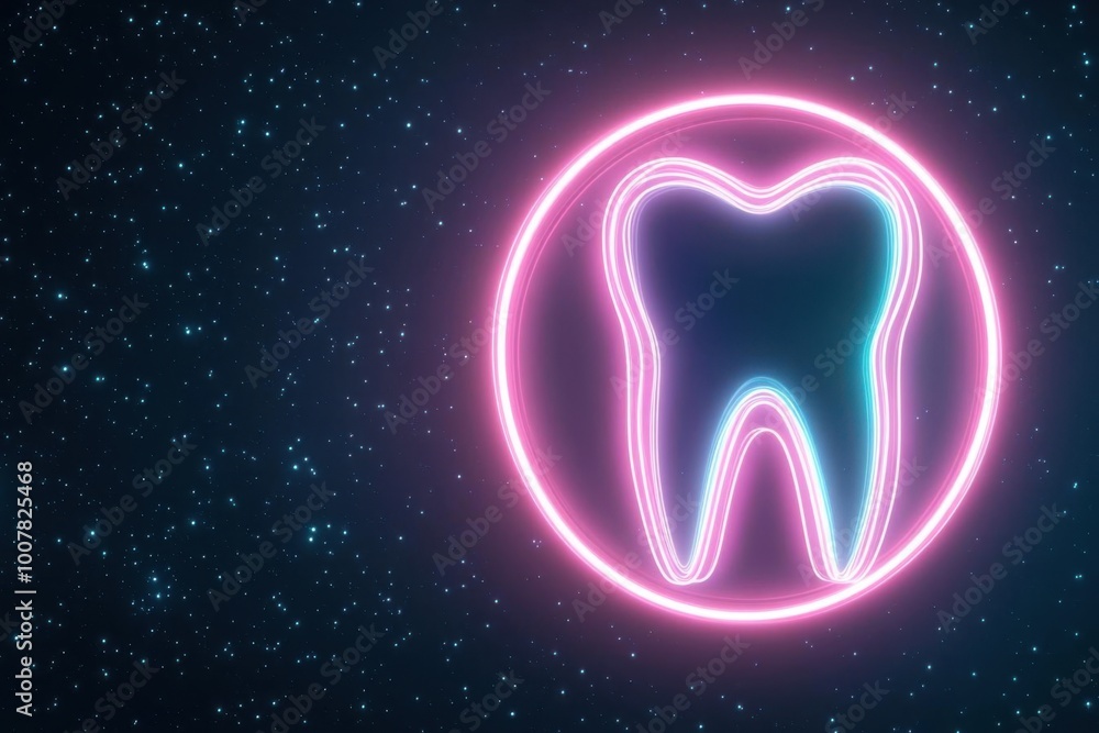 A glowing neon tooth icon against a cosmic backdrop, representing dental care and oral hygiene in a modern, artistic style. A glowing neon tooth icon against a cosmic backdrop, representing dental care and oral hygiene in a modern, artistic style.