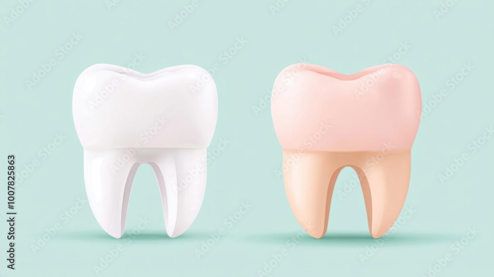 Two cartoon teeth in white and pink colors, perfect for dental care or children's education themes. Two cartoon teeth in white and pink colors, perfect for dental care or children's education themes.