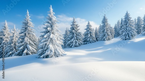 Serene Winter Wonderland, a picturesque snowy landscape adorned with majestic evergreens beneath a clear blue sky, embodying the tranquility and beauty of winter.