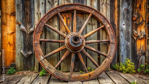 Vintage iron wagon wheel with rusty metal spokes and worn wooden hub, surrounded by aged wooden planks, evoking