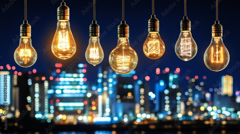 Glowing Light Bulbs Over Cityscape at Night Urban Ideas and Inspiration Glowing Light Bulbs Over Cityscape at Night Urban Ideas and Inspiration