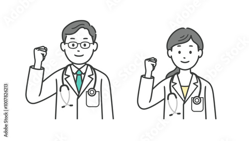 ガッツポーズをする医師男女の上半身イラスト