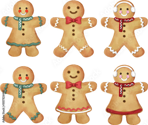 Vector element designer collection chrismas set of isolated gingerbread cookies, mistletoe are hand-painted in watercolor style.