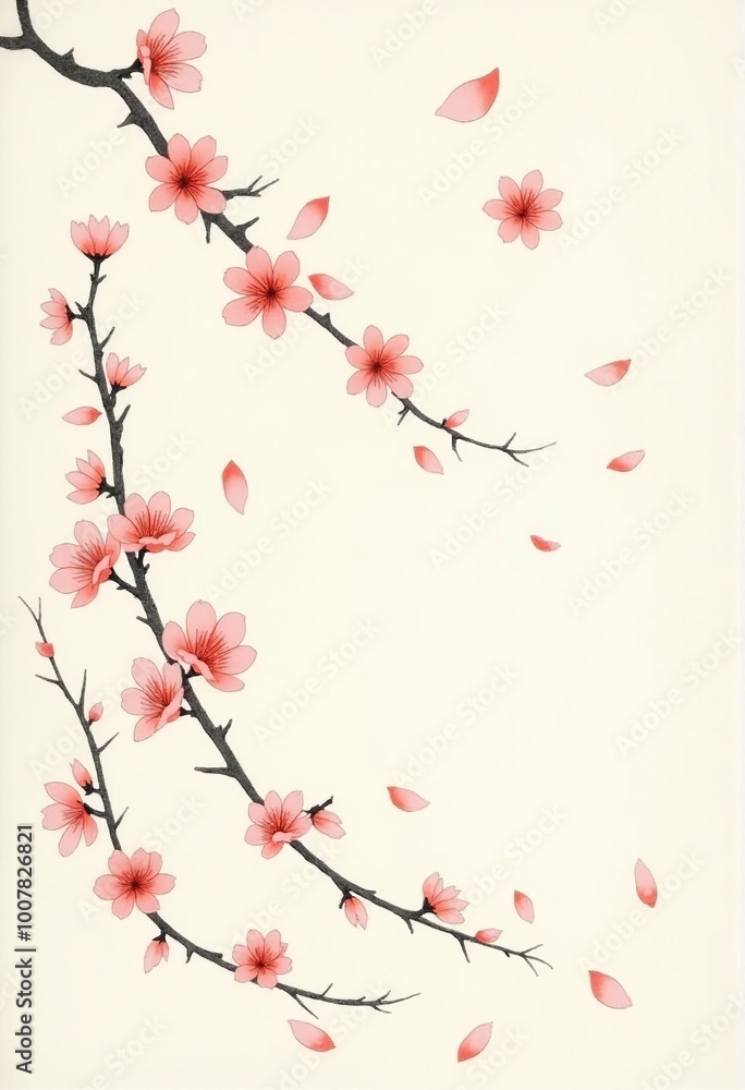 Fototapeta premium Chinese Ink Wash Painting: Peach Blossoms in Bloom