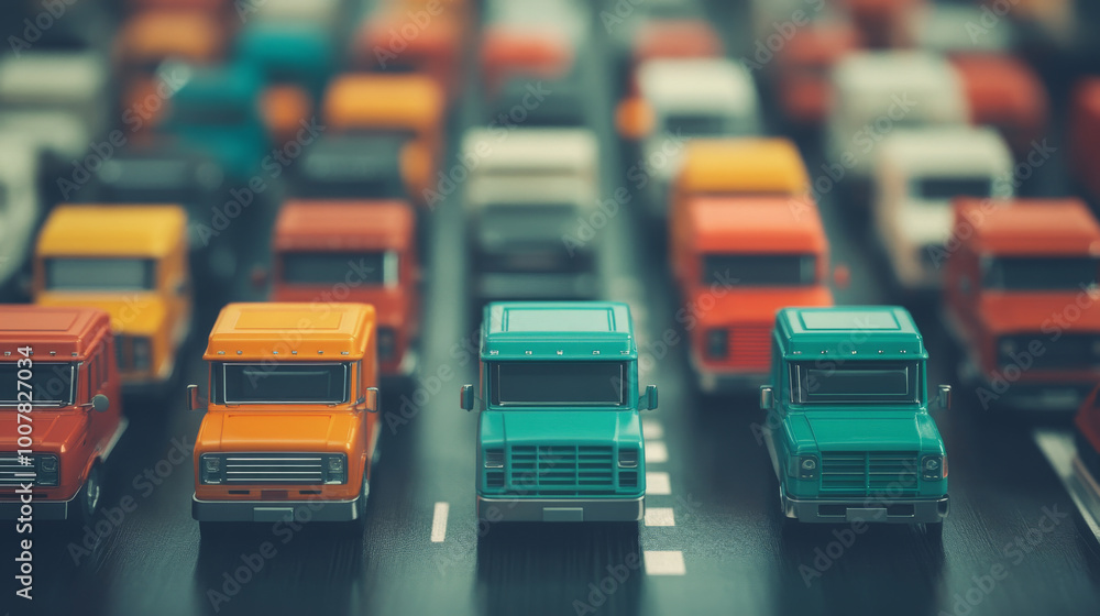 Obraz premium A line of toy trucks in a traffic jam.