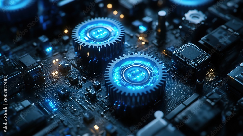 Glowing blue gears and various microchips Glowing blue gears and various microchips