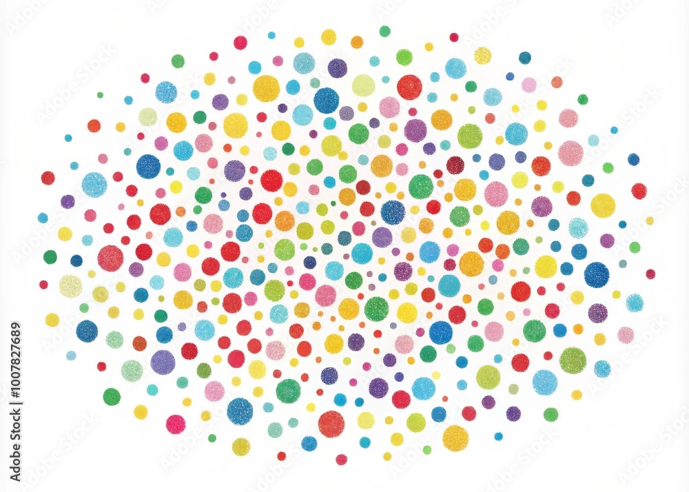 Whimsical hand-drawn illustration of scattered colorful dots in various sizes and shapes scattered across a white Whimsical hand-drawn illustration of scattered colorful dots in various sizes and shapes scattered across a white
