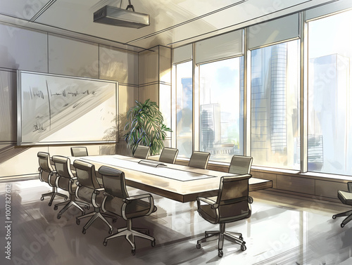 Formal Collaboration: Office Meeting Room with Large Table and Comfortable Chairs