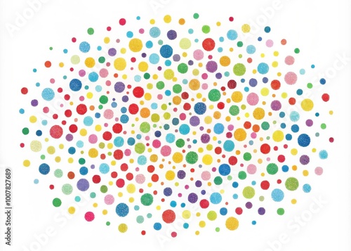 Whimsical hand-drawn illustration of scattered colorful dots in various sizes and shapes scattered across a white