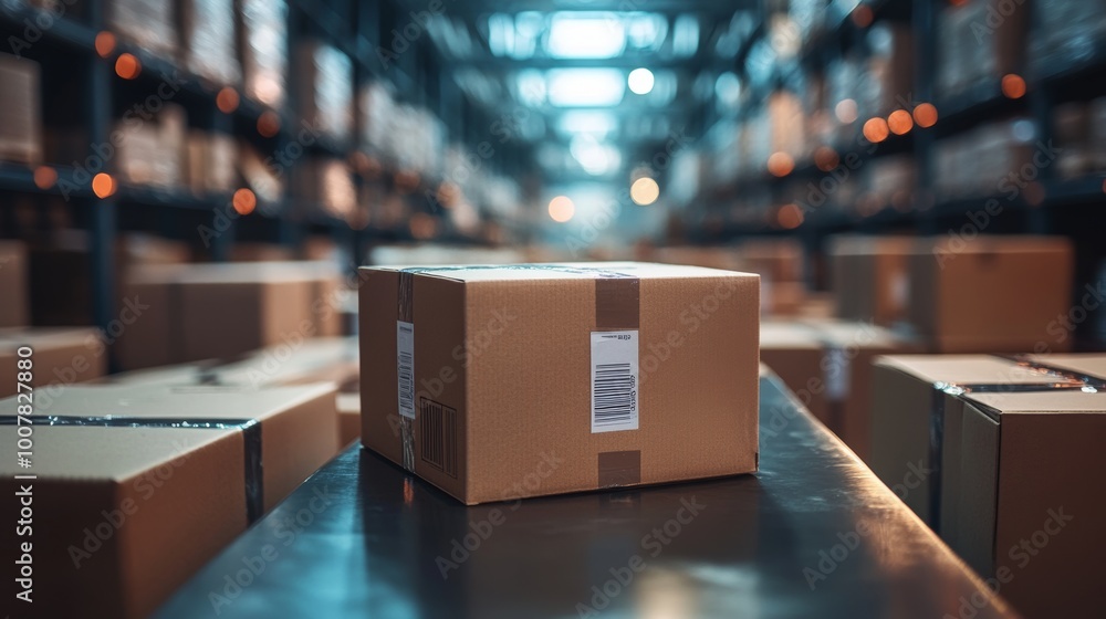 Cardboard Box on Conveyor Belt in Warehouse Logistics and Shipping Concept Cardboard Box on Conveyor Belt in Warehouse Logistics and Shipping Concept
