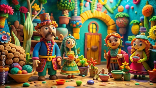 Whimsical stop-motion animation scene featuring colorful, intricately crafted clay characters and objects set against a