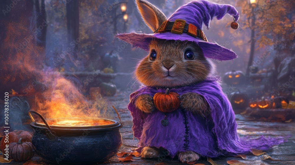 Adorable Rabbit Witch Halloween Costume Pumpkin Cauldron Autumn Forest Adorable Rabbit Witch Halloween Costume Pumpkin Cauldron Autumn Forest