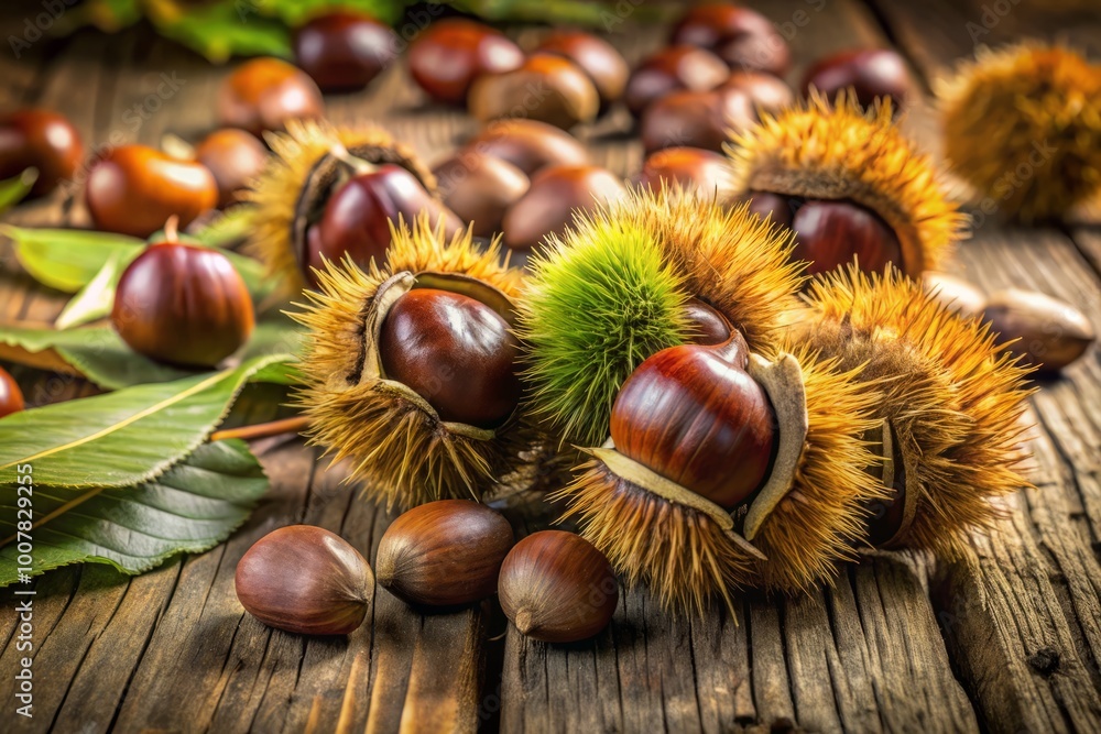 Plump sweet chestnuts lie atop a rustic wooden surface, illuminated by gentle lighting. Their earthy tones pop against Plump sweet chestnuts lie atop a rustic wooden surface, illuminated by gentle lighting. Their earthy tones pop against