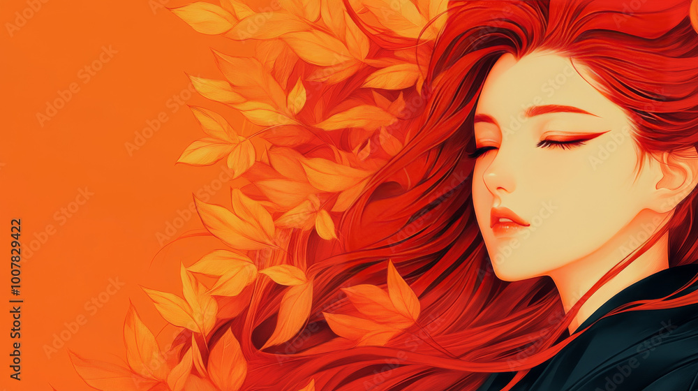 A woman with fiery red hair rests her head on a bed of golden leaves. A woman with fiery red hair rests her head on a bed of golden leaves.