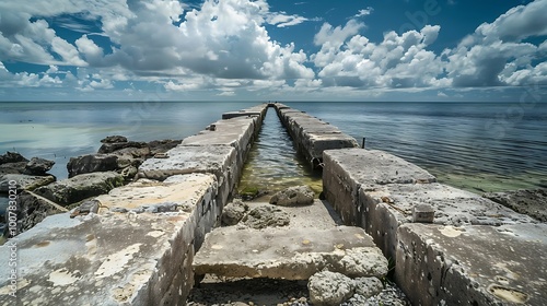 Fototapeta Naklejka Na Ścianę i Meble -  Old abandoned stone fishing pier on the coast of the Baltic Sea in Kolobrzeg.