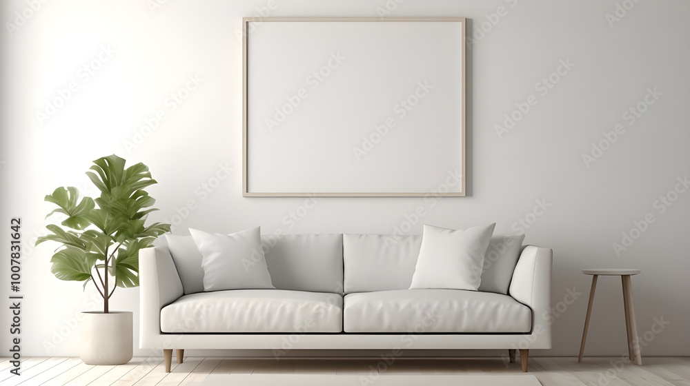 Minimalist living room with a blank canvas above a white sofa Minimalist living room with a blank canvas above a white sofa