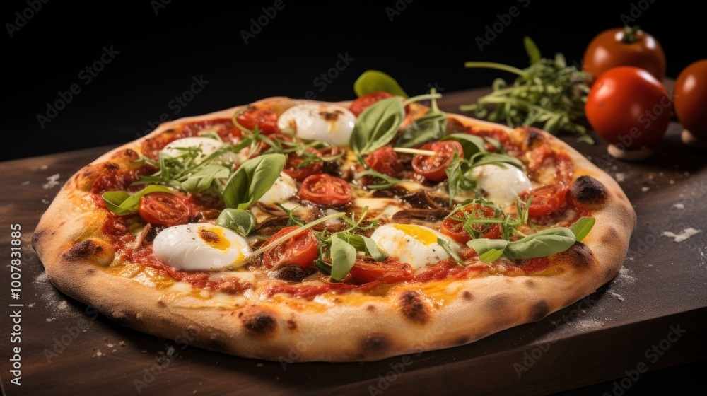 Delicious Pizza with Poached Eggs and Tomatoes Delicious Pizza with Poached Eggs and Tomatoes