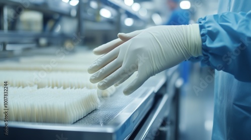 Gloved Hand Inspecting Production Line with White Products