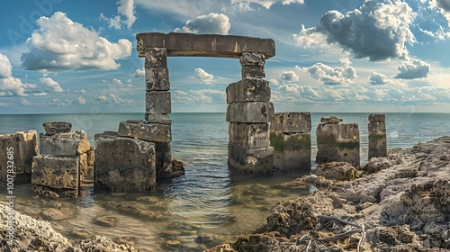 Fototapeta Naklejka Na Ścianę i Meble -  Old abandoned stone fishing pier on the coast of the Baltic Sea in Kolobrzeg.