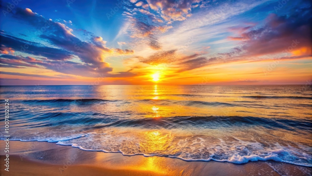 Fototapeta premium Serene sunset over calm ocean waves for reflection and relaxation, sunset, ocean, waves, calm, reflection, relaxation, beautiful