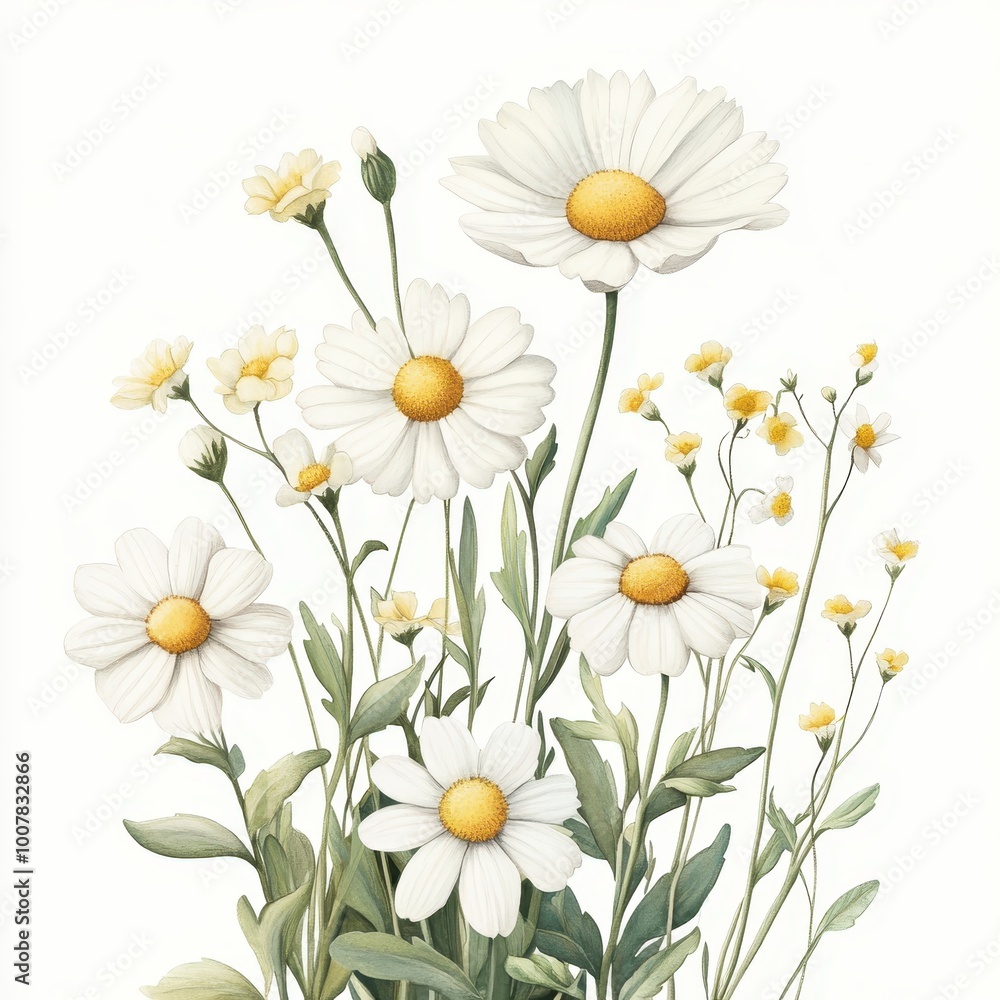 Fototapeta premium A botanical illustration featuring various white flowers with yellow centers and green foliage.