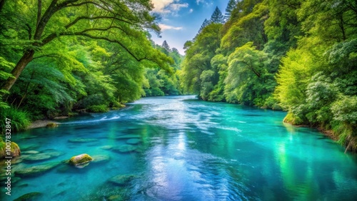 Clear blue river flowing between lush green trees, river, water, nature, trees, green, foliage, peaceful, tranquil