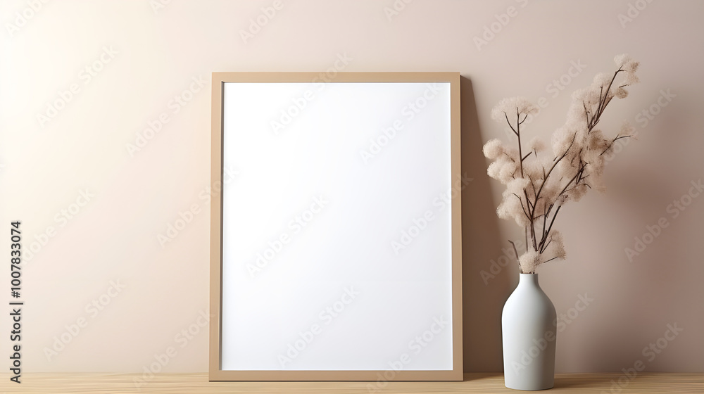 Blank wooden frame with a vase of dried flowers on a table Blank wooden frame with a vase of dried flowers on a table