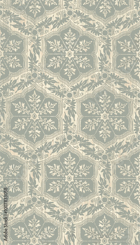  vintage floral pattern in blue-green on woodgrain background.