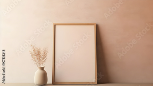 Blank wooden frame with a vase of dried flowers on a table