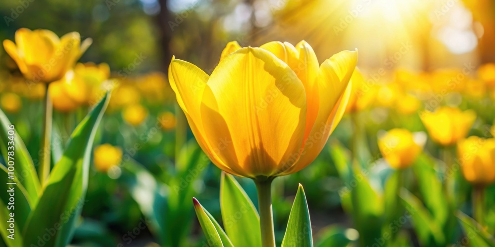 Obraz premium Vibrant yellow tulip blooming in a garden on a sunny day, tulip, Cilesta, spring, flowers, sun, garden, Tulipa, Liliaceae
