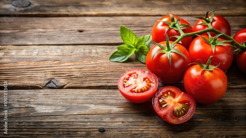 Fresh tomatoes cut in half on a rustic wooden table, tomato, fresh, juicy, garden, organic, ripe, red, healthy, agriculture