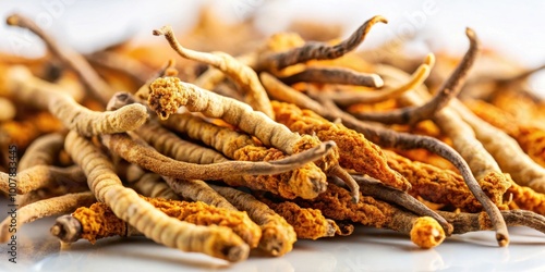 Close up of Ophiocordyceps sinensis, a nourishing Chinese herb , mushroom, cordycep, background, close up photo