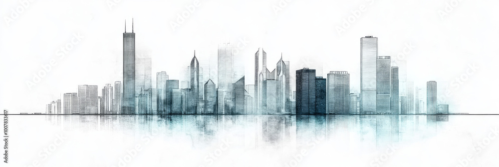 Obraz premium Sketch of a modern city skyline with tall buildings.