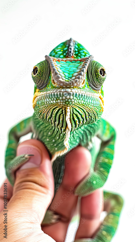 Hand presents a green chameleon; vivid scales, prominent eyes, glowing softly on a white backdrop.