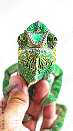 Obraz na płótnie Hand presents a green chameleon; vivid scales, prominent eyes, glowing softly on a white backdrop. w salonie