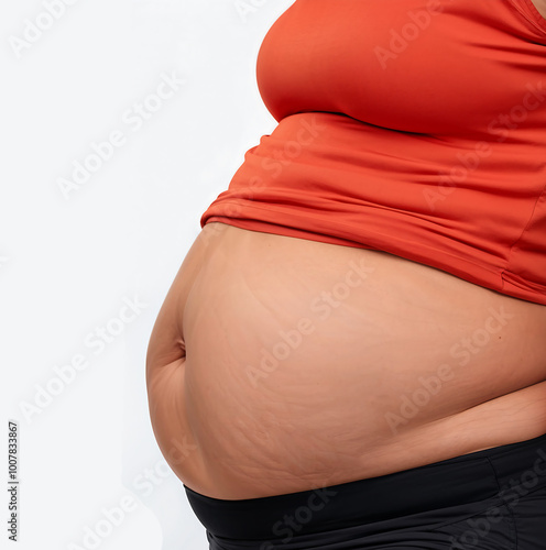 belly and breast of woman. wearing red dress on white background