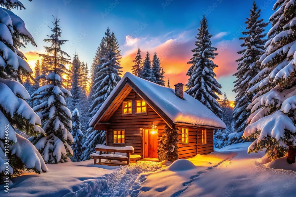 Surrounded by snow-covered pine trees, a charming cabin radiates warm light from its windows, offering a cozy refuge Surrounded by snow-covered pine trees, a charming cabin radiates warm light from its windows, offering a cozy refuge