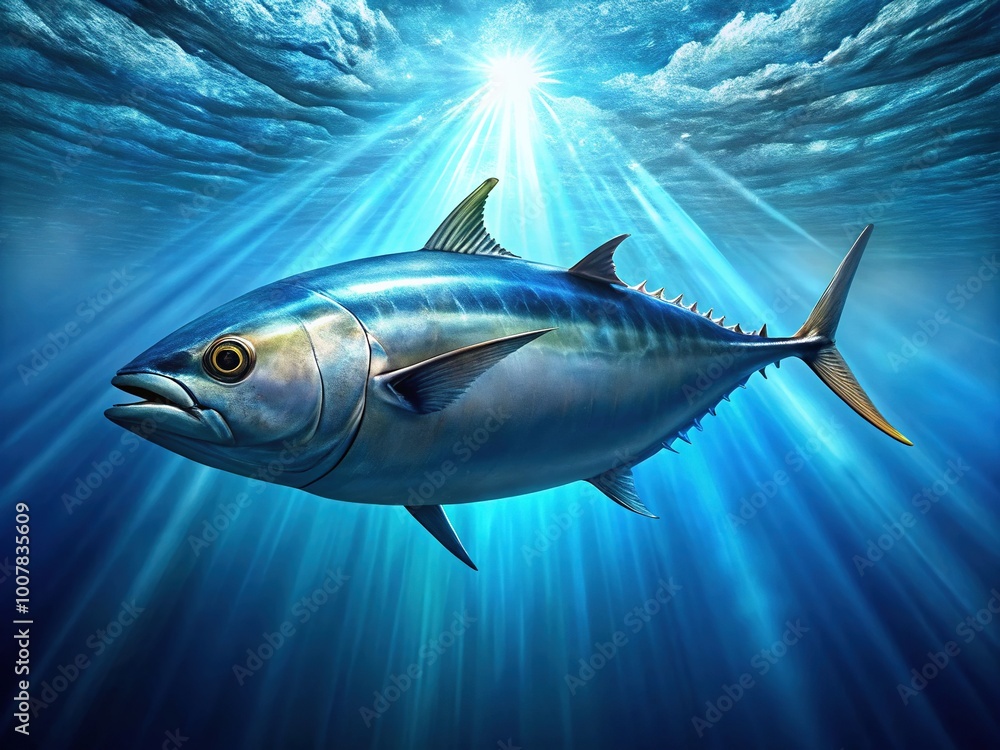 Fototapeta premium A lone tuna effortlessly glides through the deep blue ocean, embodying unmatched speed and elegance amidst the wilderness of the sea.