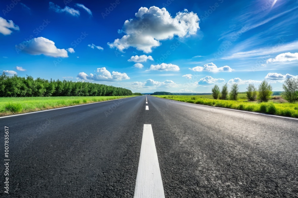 The distant horizon shows a pristine black asphalt road, marked with white stripes, basking under a sunny day, The distant horizon shows a pristine black asphalt road, marked with white stripes, basking under a sunny day,