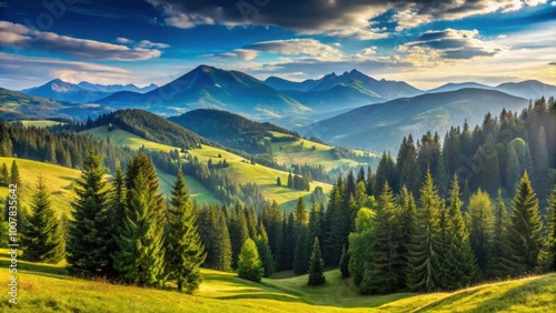 Majestic mountain landscape with rolling hills, tall trees, and clear blue skies , mountains, landscape, nature, trees