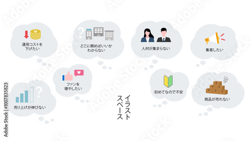 こんなお悩みありませんか？のビジネスアイコンセット1、中央にイラストスペース、ベクター