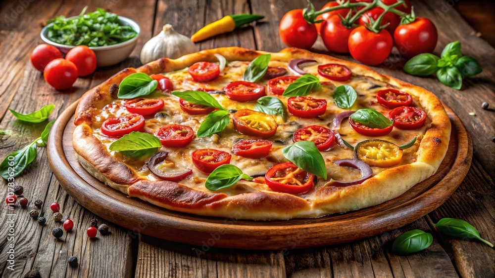 A mouthwatering, freshly baked pizza awaits on a rustic wooden table, perfect for sharing delightful moments with friends and family. Enjoy the flavorful experience together! A mouthwatering, freshly baked pizza awaits on a rustic wooden table, perfect for sharing delightful moments with friends and family. Enjoy the flavorful experience together!