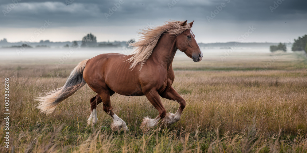 Fototapeta premium Majestic brown horse with flowing mane running through a misty field under a moody sky.