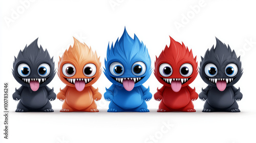 Five friendly monsters, each a different color, stand in a row with their tongues out.