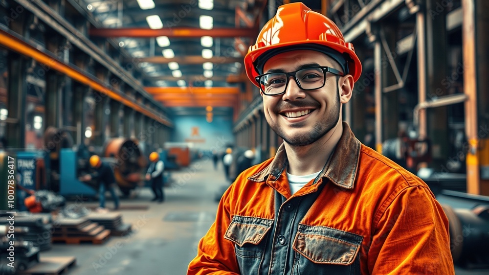 A professional worker donning uniform, glasses, and hard hat stands confidently in a bustling steel factory, A professional worker donning uniform, glasses, and hard hat stands confidently in a bustling steel factory,
