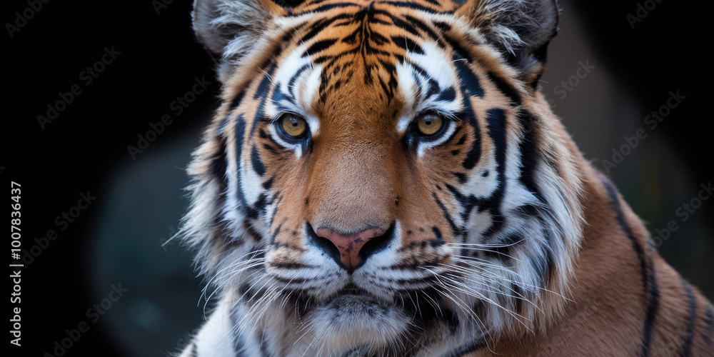 Close-up of a majestic Bengal tiger with piercing eyes and striking stripes. Close-up of a majestic Bengal tiger with piercing eyes and striking stripes.