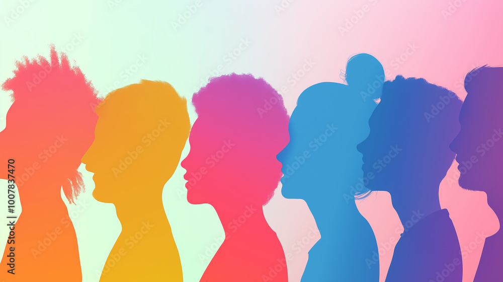 A series of vibrant, multi-colored silhouettes of people’s profiles against a gradient backdrop. A series of vibrant, multi-colored silhouettes of people’s profiles against a gradient backdrop.