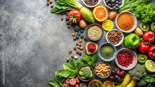 Healthy food selection including fruits, vegetables, seeds, superfoods, and leafy greens on a gray concrete background, healthy